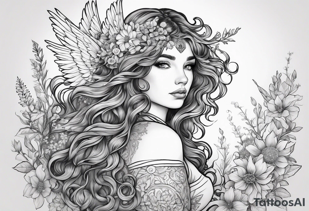 wildflowers and pegasus and valkrie curly hair princess half sleeve arm tattoo idea