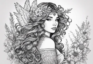 wildflowers and pegasus and valkrie curly hair princess half sleeve arm tattoo idea