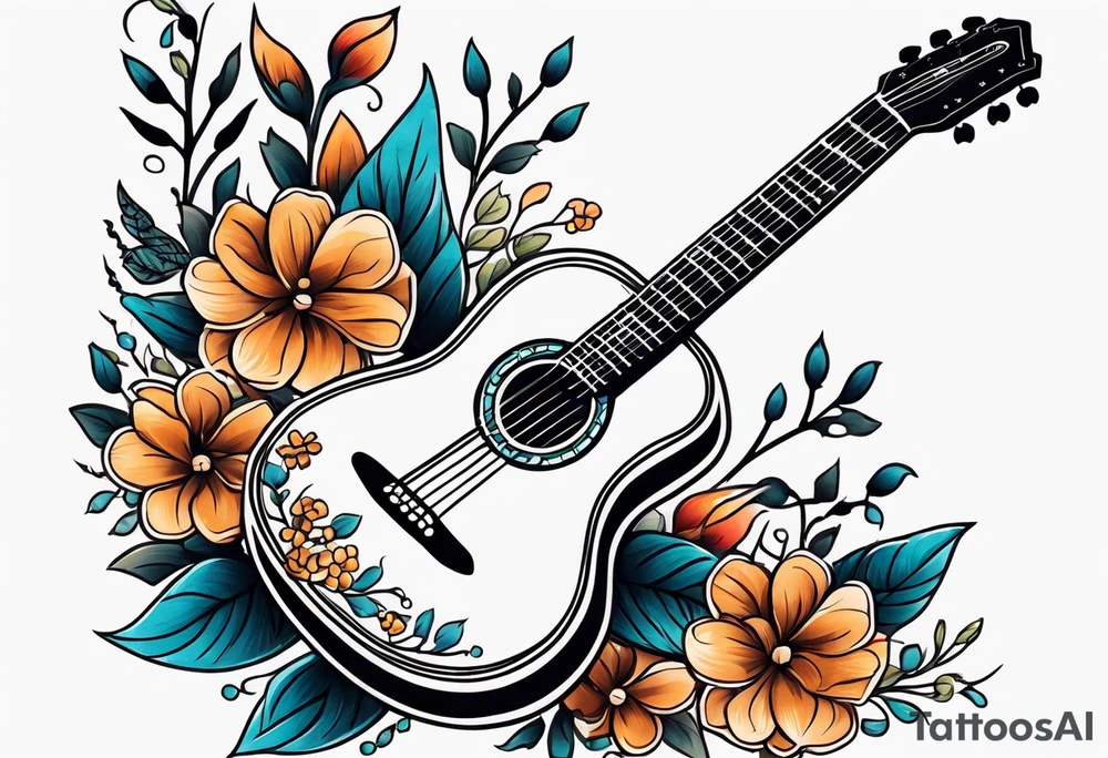 traditional vintage tattoo of guitar simple  flowers tattoo idea