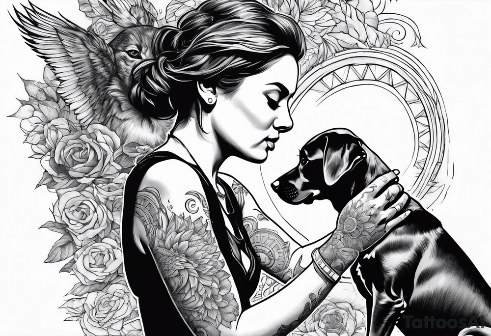 dog in the air facing woman and trying to reach her hand and woman as her back facing us tattoo idea