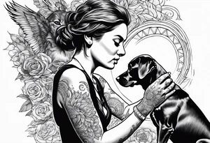 dog in the air facing woman and trying to reach her hand and woman as her back facing us tattoo idea