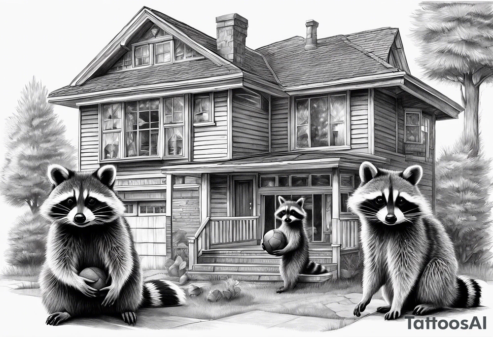 Raccoon Family in Front of her New house.
The Husband hast Tools in His Hands.
The wife holds a cake.
The Childs plays with a ball tattoo idea
