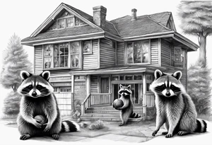 Raccoon Family in Front of her New house.
The Husband hast Tools in His Hands.
The wife holds a cake.
The Childs plays with a ball tattoo idea