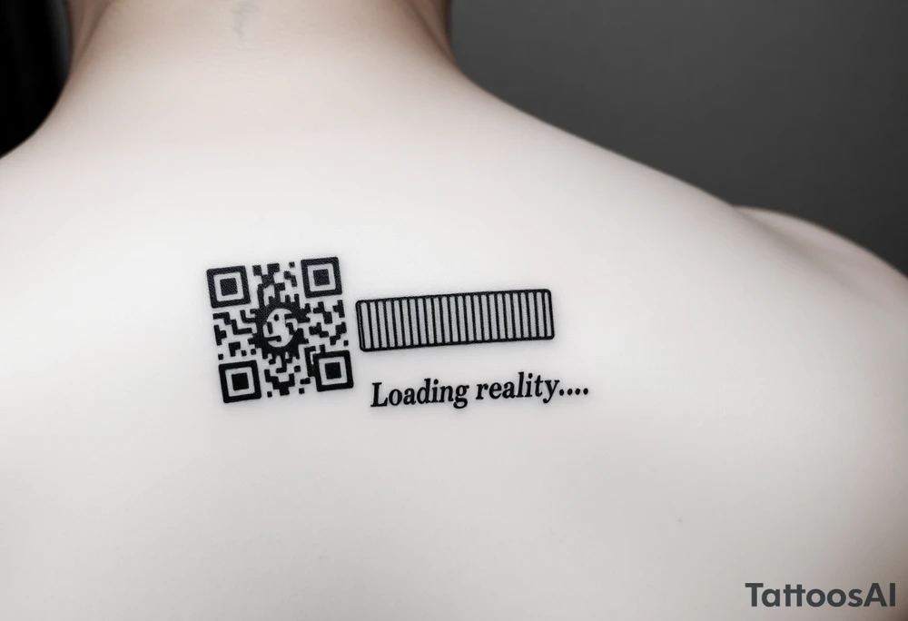 "QR-code tattoo that scans to a 10-second loop of:  
- Buffering symbol  
- Text: 'Loading reality... 99.9%'  

Style: High-contrast. Inner wrist." tattoo idea