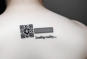 "QR-code tattoo that scans to a 10-second loop of:  
- Buffering symbol  
- Text: 'Loading reality... 99.9%'  

Style: High-contrast. Inner wrist." tattoo idea