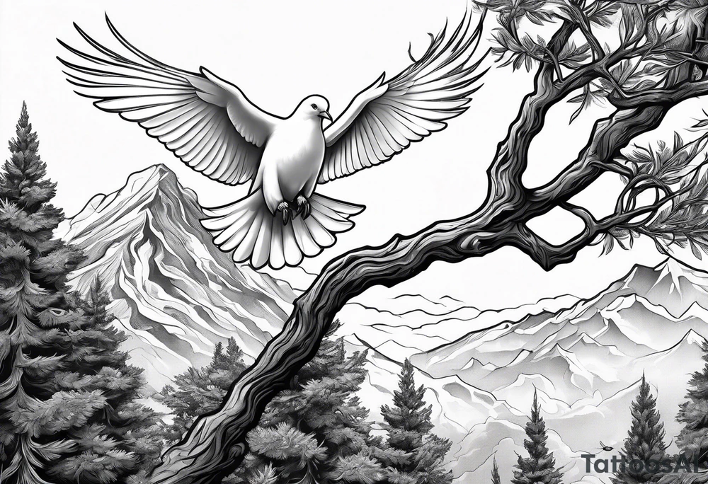 White Dove Perched on a tree branch at the top of the mountain with an eagle soaring overhead tattoo idea
