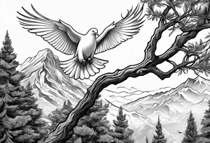 White Dove Perched on a tree branch at the top of the mountain with an eagle soaring overhead tattoo idea
