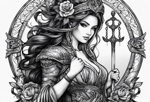 with a lady juctice emblem a sword and a scale tattoo idea