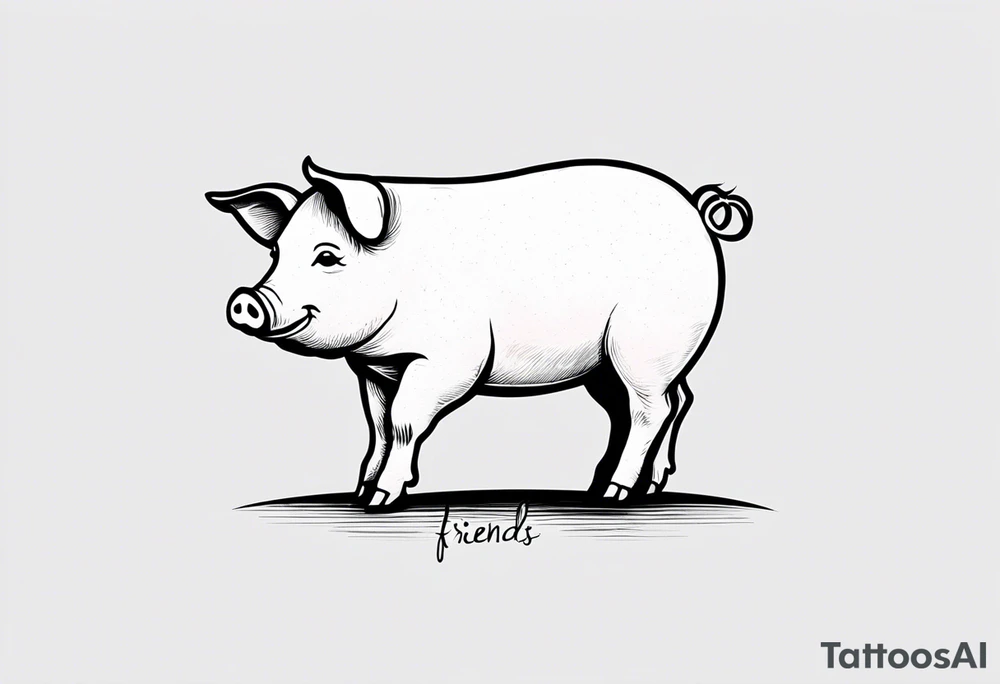 simple drawing of piglet or pig with text: "Friends. Not Food" included.
draw with very thin lines and no shading tattoo idea