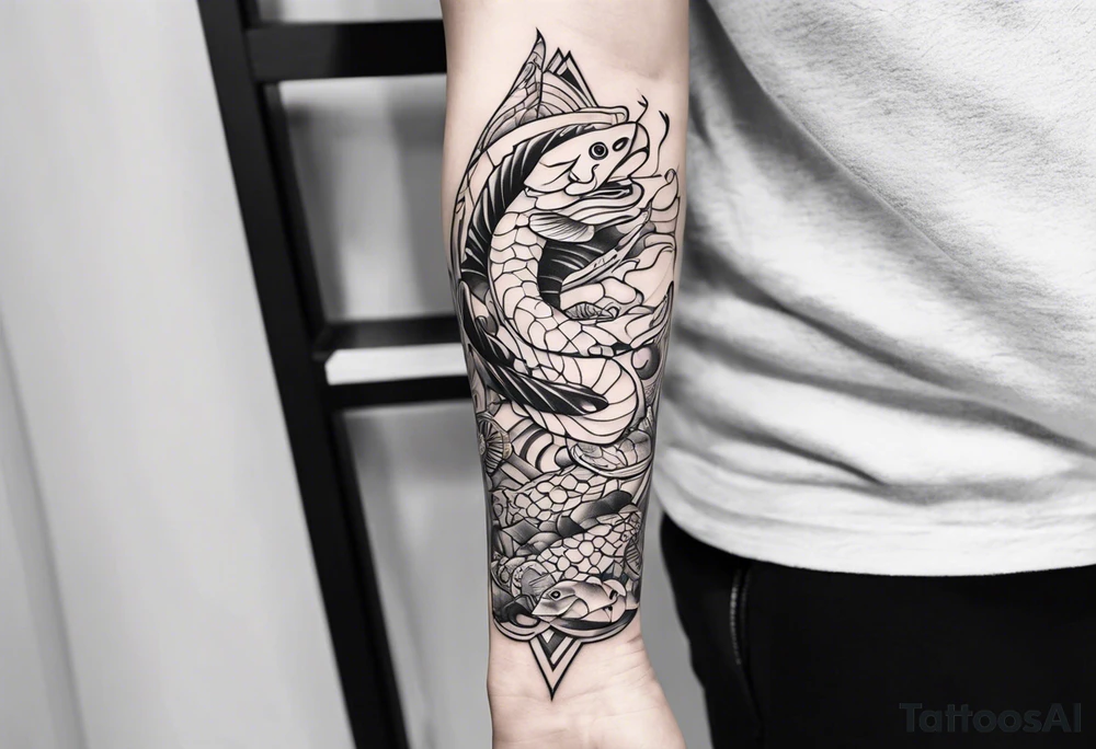 arm sleeve tattoo based around fish and snakes tattoo idea arm sleeve tattoo based around fish and snakes tattoo idea