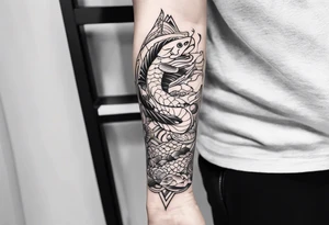 arm sleeve tattoo based around fish and snakes tattoo idea