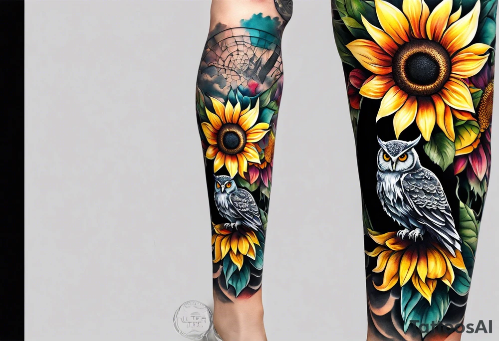 Leg sleeve with colorful sunflowers and an owl tattoo idea