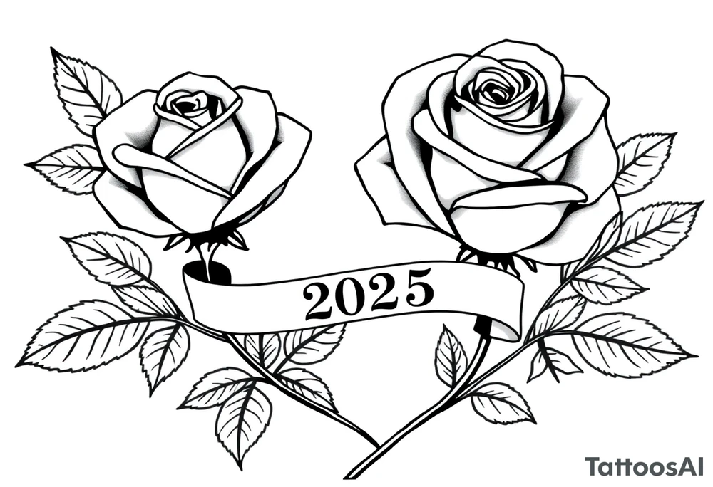two beautiful large rose buds, one larger than the other, with many leaves next to the rose buds, with one sitting higher than the other. Include a banner connecting the two roses with the year "2025" on it.   Use dark outlines with little shading. The two stems should be short, not long, and connect and join into one stem, whimsically curved or twisted - not straight down. tattoo idea