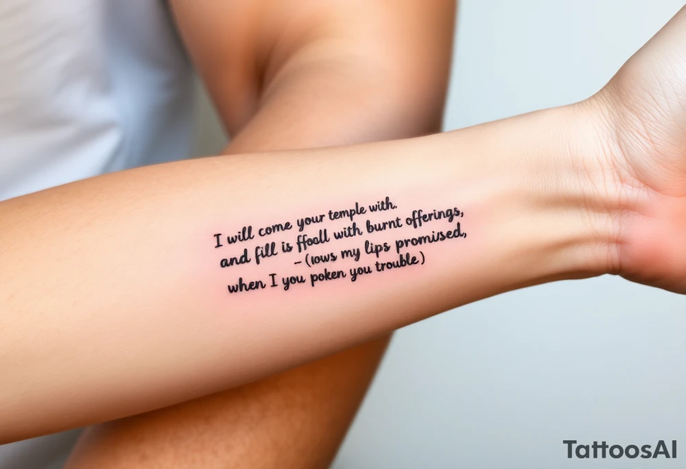 “I will come to your temple with burnt offerings and fulfill my vows to you— vows my lips promised and my mouth spoke when I was in trouble.” tattoo idea