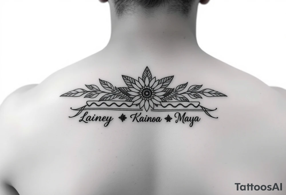 lower armband design with igbo, polynesian, tutelo native American, and Scandinavian elements that represent water, strength and love and the names Lainey, Kainoa and Maya tattoo idea