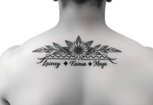 lower armband design with igbo, polynesian, tutelo native American, and Scandinavian elements that represent water, strength and love and the names Lainey, Kainoa and Maya tattoo idea