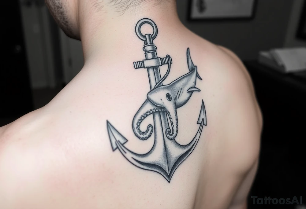 anchor with a pair of lung ingraved on it with an octopus who is holding the anchor and pulling doward on my forearm then on my upper arm and shoulder a hammerhead shark who is tied to the anchor and  pulling up on it tattoo idea