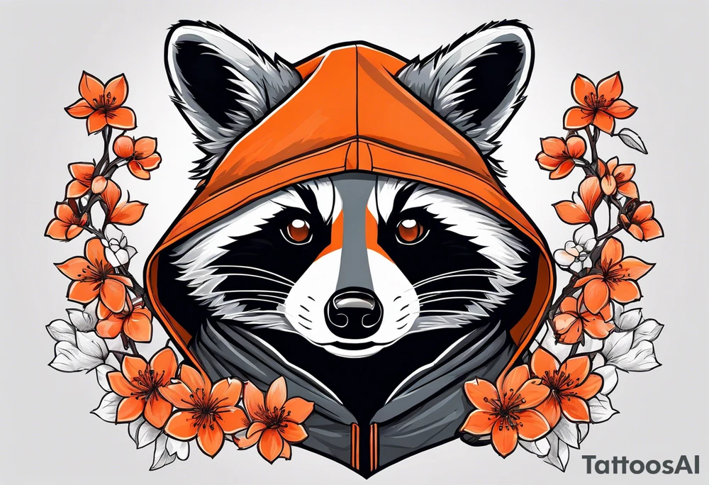 Raccoon wearing a white Superman logo on a black hoodie and orange Japanese cherry blossoms beside tattoo idea