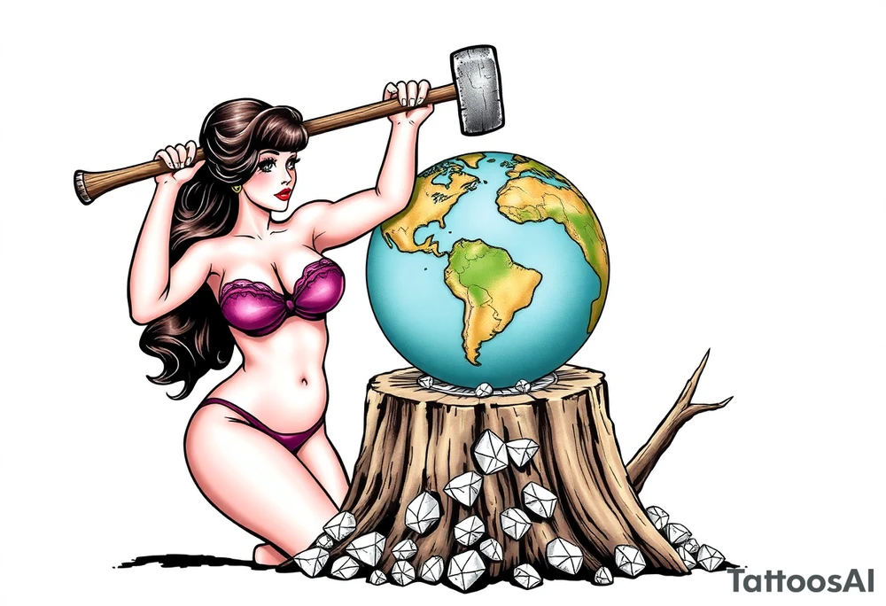 a very beautiful pin up girl, the pin up girl has her breasts exposed and in view, the pin up girl is wearing a g string, the pin up girl is swinging a large mallet overhead, the motion of swinging resembles an ax chopping wood, the mallet she is swinging is making contact with a earth globe, the earth globe is on top of a tree stump, the earth globe is half of the size of the diameter of the top surface of the tree stump, the earth globe is being squashed and compressed between the mallet and the trees stump, there is a pile of diamonds at the base of the tree stump, the idea is that the mallet is compressing the earth globe and the product is the diamonds that have fallen below, the idea is that the pin up girl if very beautiful, the idea is that pressure makes diamonds tattoo idea