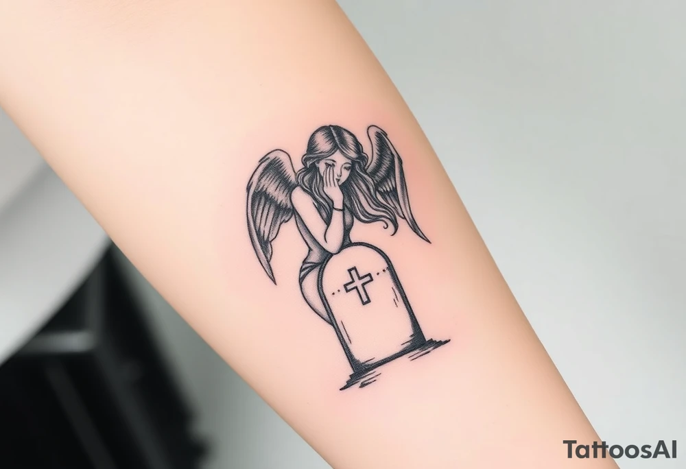 Beautiful woman angel crying on a tombstone tattoo idea