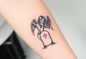 Beautiful woman angel crying on a tombstone tattoo idea