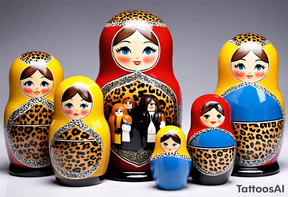 Matryoshka doll family of 4. Each separate doll is designed based on their individual description. Father (biggest doll) has full beard, blue eyes, short brown hair, loves LA Dodgers. Mother (second biggest doll) has blonde bob length hair, no beard, blue eyes, thick rimmed black glasses, loves leopard print. Son is 4 years old, blue eyes, blonde spiky hair, loves Paw Patrol. Daughter is 2 years old, blue eyes, long eyelashes, short light brown bob, loves Bluey. tattoo idea