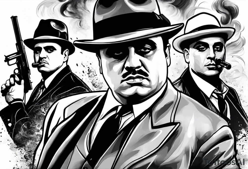 group of gangsters including Al Capone with machine guns surrounded by smoke and fire tattoo idea