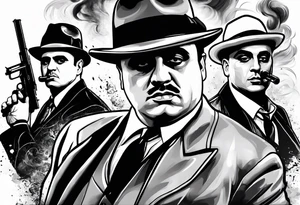 group of gangsters including Al Capone with machine guns surrounded by smoke and fire tattoo idea