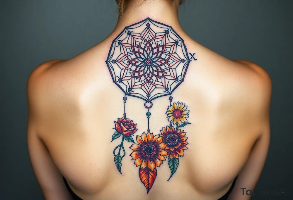 Dreamcatcher with zodiac symbols and protection runes caught in it with tigerlillies roses and sunflowers tattoo idea