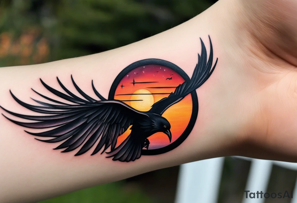 Let your imagination run wild with a visually descriptive ying-yang tattoo on your forearm, where one side captures the beauty of the night sky with a full moon, and the other side showcases the warm hues of a sunset. The moon side features a stunning depiction of a crow in flight, adding a touch of magic and wonder to the design. On the sunset side, the silhouettes of a man, woman, and two teenage boys walking create a sense of togetherness and family. Around the circle the words "When Life is hard, you have to change" are written in child's writing tattoo idea