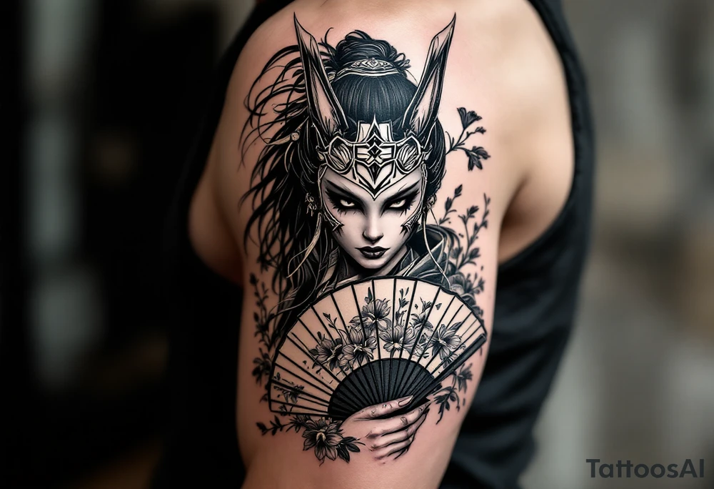 japanese samurai woman wearing a kitsune half-mask and  holding a fan with irises flowers tattoo idea