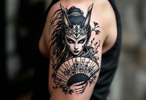 japanese samurai woman wearing a kitsune half-mask and  holding a fan with irises flowers tattoo idea