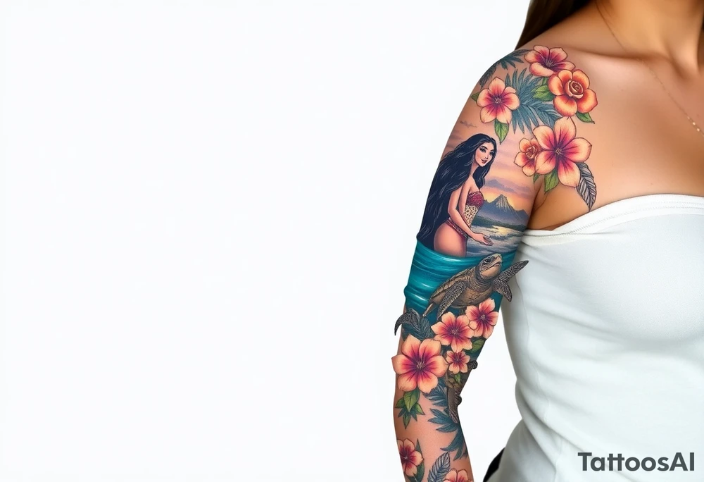 half sleeve, hawaiian theme, with water, mountains, tropical flowers, turtles. and disneys moana  characters tattoo idea
