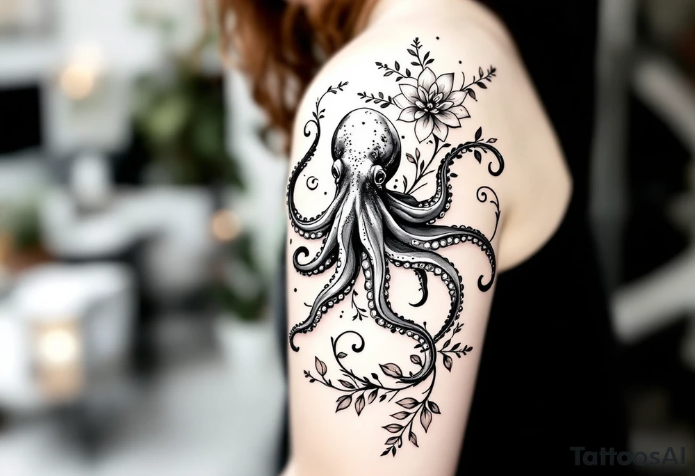 A unique, seamless tattoo composition combining marine and botanical elements. A small, realistic octopus with detailed linework and smooth black-and-grey shading is integrated into an elegant floral vine. The octopus’ tentacles flow naturally and intertwine with thin black swirling lines and soft, semi-transparent brown leaves that wrap around the upper arm and shoulder. On the shoulder, a delicate mandala-style flower blooms, with dotwork and ornamental flourishes that radiate outward.
The overall style is fine-line, minimalistic, and organic — blending the lifelike texture of the octopus with the graceful rhythm of the botanical flow. Feminine, artistic, and slightly surreal, as if the octopus is part of the natural growth of the vines. Design is intended for placement on the upper arm and shoulder, curving naturally with the body. tattoo idea