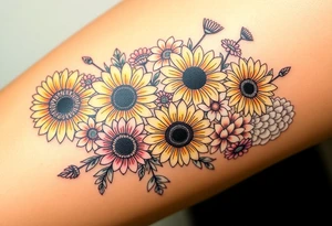 Bouquet of sunflowers, water Lillies, dahlias, marigolds, carnations, hydrangeas, daisys, and chrysanthemums tattoo idea