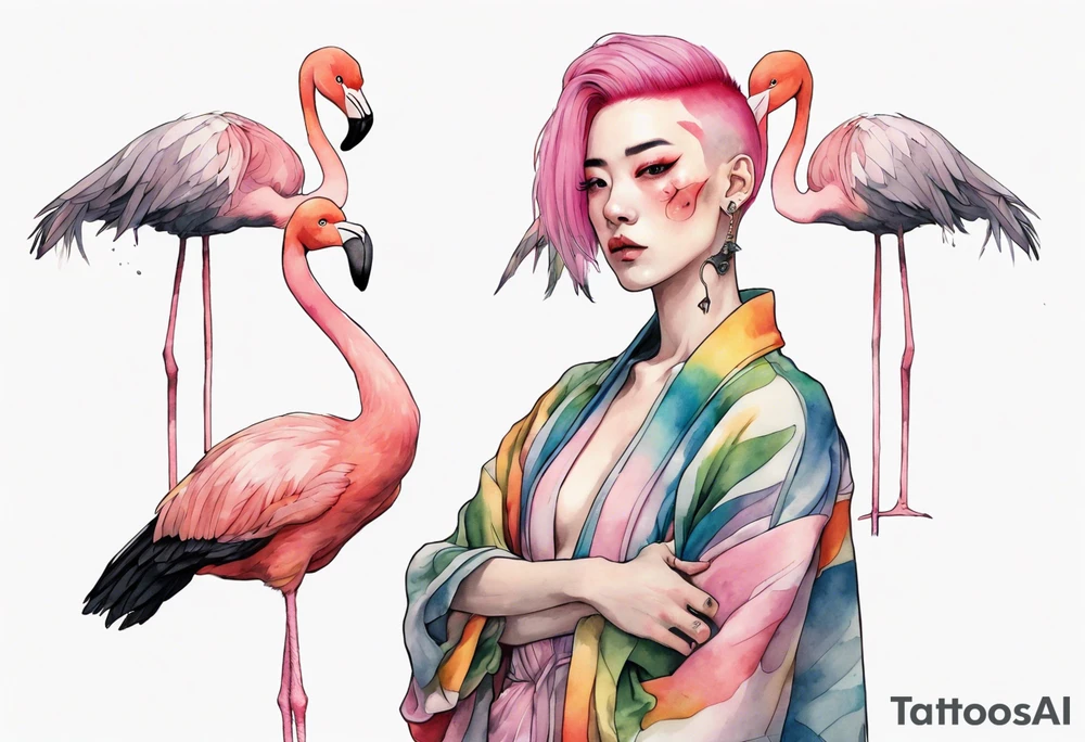 an androgynous person with pink hair and a rainbow robe standing next to a flamingo tattoo idea