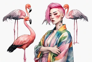 an androgynous person with pink hair and a rainbow robe standing next to a flamingo tattoo idea