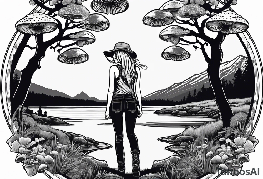 Straight long blonde hair hippie girl in distance holding mushrooms in hand facing away toward mountains and creek surrounded by mushrooms tee shirt and hiking pants; whole rendering within a full circle, no cut off circle tattoo idea