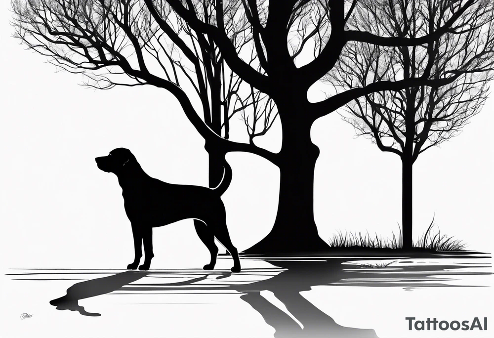 Silouette of a black lab under a simple tree. No detail on lab. Lab drawn to scale. tattoo idea