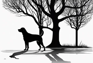 Silouette of a black lab under a simple tree. No detail on lab. Lab drawn to scale. tattoo idea