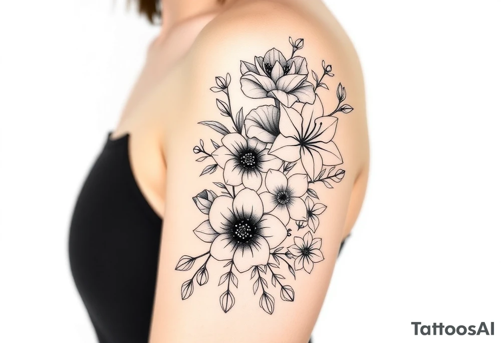 Can you create an image of a tattoo that will go on my upper arm including the following floral arrangement done very light handed and with soft lines- 1 large violet, 1 large carnation, 1 large lily of the valley, 1 large narcicuss, 1 medium carnation, 1 medium violet, 1 small dafodil, 2 small water lillies, and 1 small chrysanthemum. Add a small hummingbird drinking out of the large narcicuss. I want it on my upper right arm on the outside but slightly wrapping around the outer arm. I would like some greenery to fill in spaces as well. Make it large enough to fill my upper arm. I want the flowers to have dramatic and realistic shading. Make the tattoo more vertical than horizontal and put it on a female's arm with medium tan skin. tattoo idea