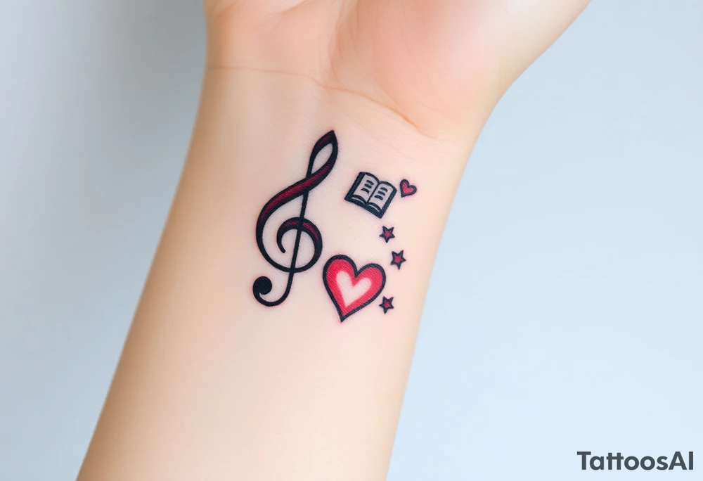 A swirl containing the Treble clef, book, dog paw, star, heart tattoo idea