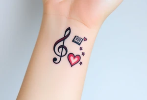 A swirl containing the Treble clef, book, dog paw, star, heart tattoo idea