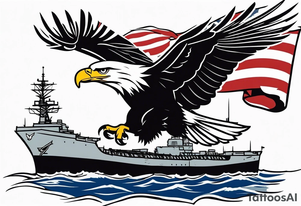 eagle flying in front of USS Nimitz holding American flag in beak tattoo idea