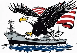 eagle flying in front of USS Nimitz holding American flag in beak tattoo idea