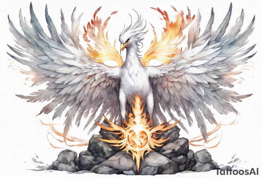 a white phoenix wearing a plain iron circlet, standing on a stone throne tattoo idea