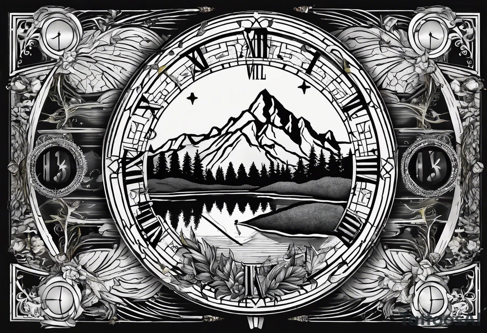 half compass half clock with arrow in the middle with mountain, trees and river; no circle tattoo idea