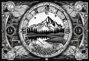half compass half clock with arrow in the middle with mountain, trees and river; no circle tattoo idea