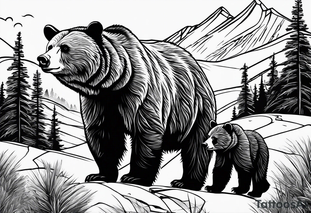 mamma bear and cub with mountains tattoo idea