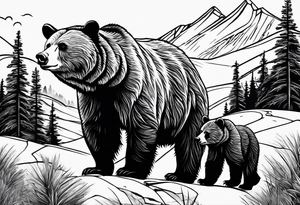 mamma bear and cub with mountains tattoo idea